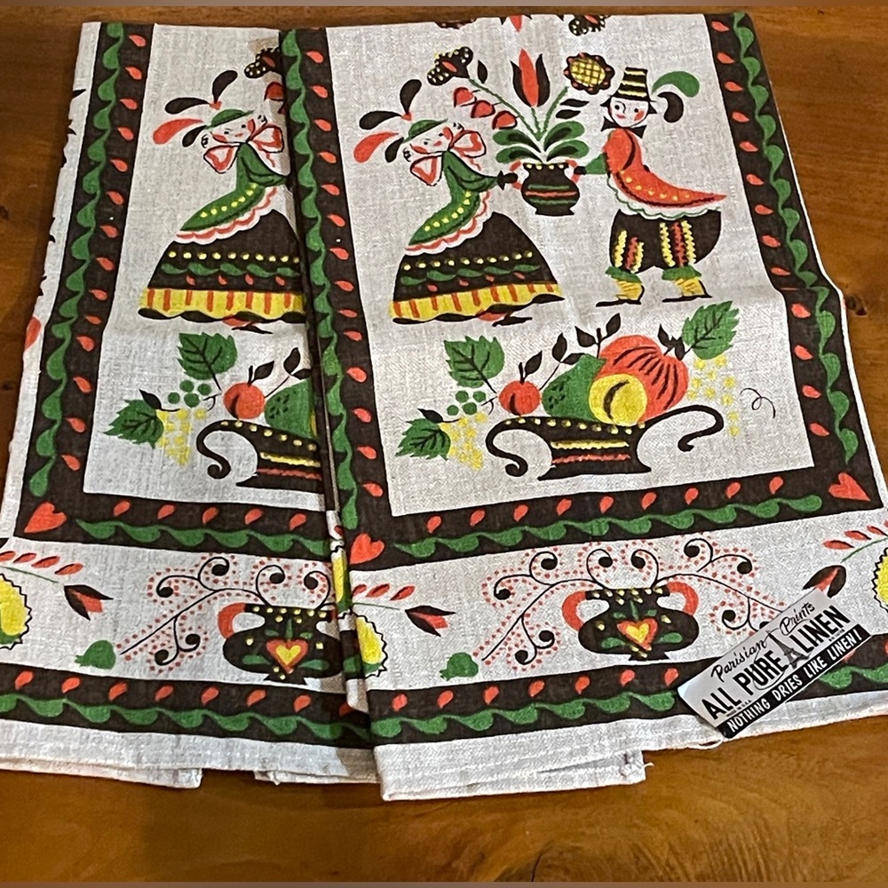 VTG Parisian Prints 100% Linen Dish Towels Pennsylvania Dutch Folk....